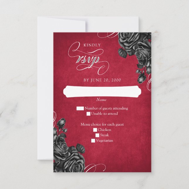 Red Black Roses Gothic Wedding RSVP Card (Front)