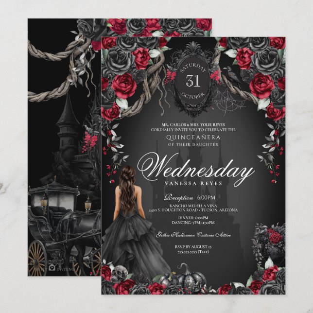 Red Black Roses Quinceañera Halloween Gothic Invitation (Front/Back)