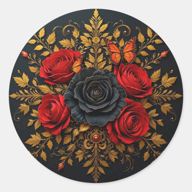 Red & Black Roses Romantic Bloom 🌹🖤✨ Classic Round Sticker (Front)