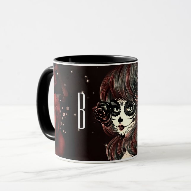 Red Black Roses Sugar Skull Girl Personalised Mug (Front Left)