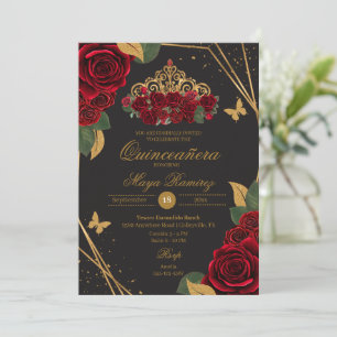 Red Black Roses Tiara Gold Glitter Quinceañera  Invitation