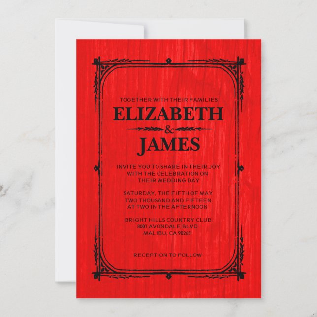 Red & Black Rustic Barn Wood Wedding Invitations (Front)