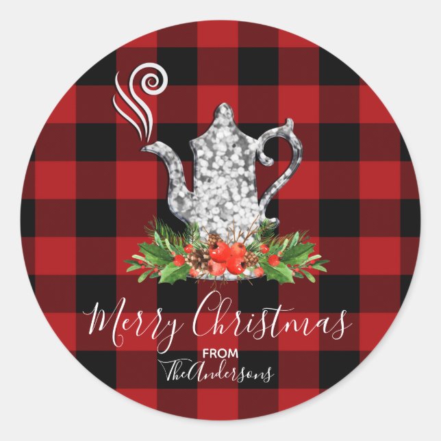 Red Black Rustic Buffalo Gingham Plaid Holiday Tea Classic Round Sticker (Front)