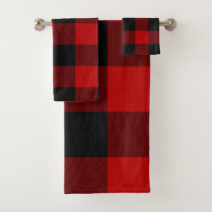 Red Black Rustic Buffalo Plaid Chequered Checks Bath Towel Set