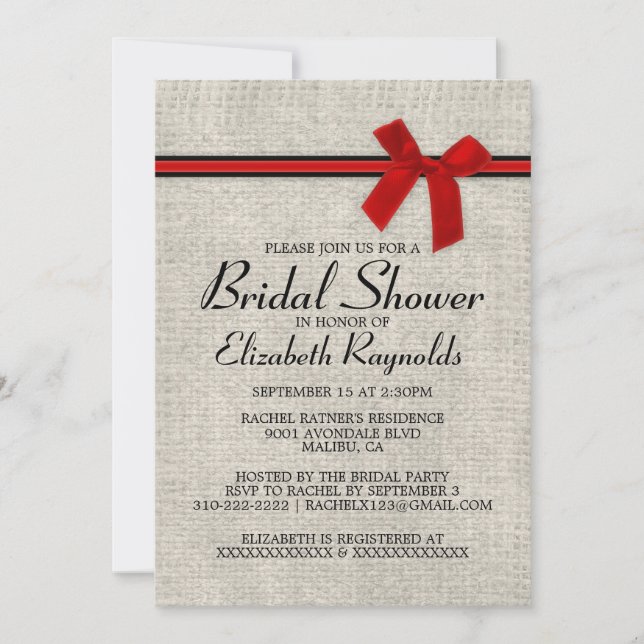 Red Black Rustic Burlap Bridal Shower Invitations (Front)