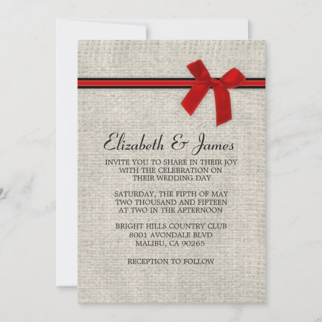 Red & Black Rustic Burlap Wedding Invitations (Front)