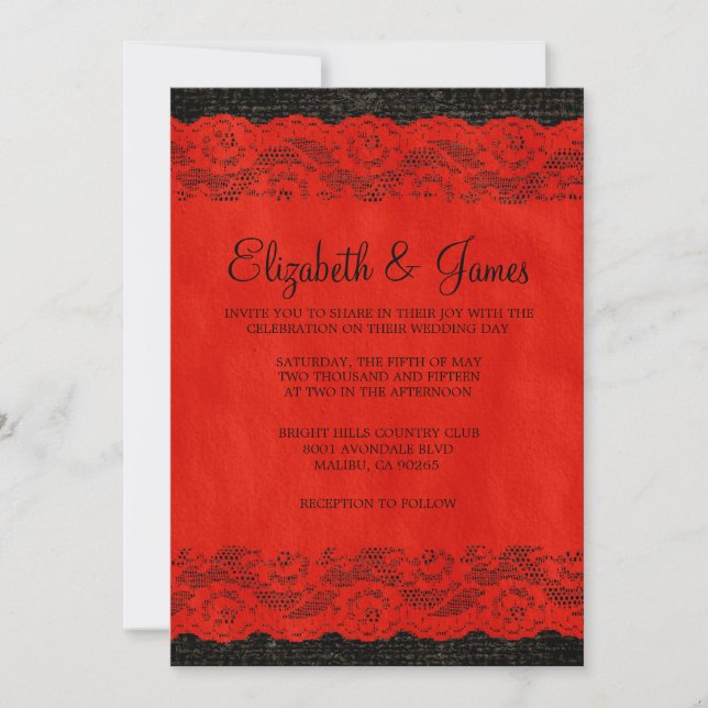 Red & Black Rustic Lace Wedding Invitations (Front)