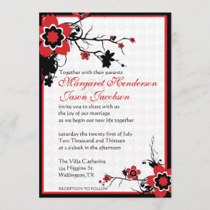 Red & Black Sakura Cherry Blossoms Wedding Invite
