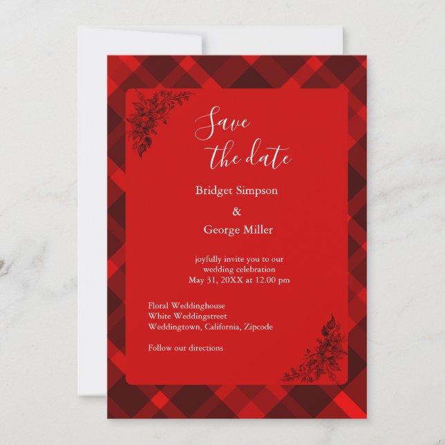 red black scottish celtic tartan wedding pattern invitation (Front)