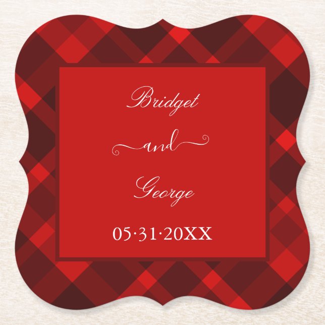 red black scottish celtic tartan wedding pattern paper coaster (Front)