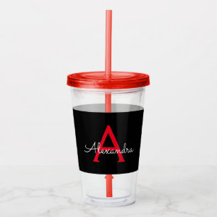 Red Black Script Girly Monogram Name Acrylic Tumbler