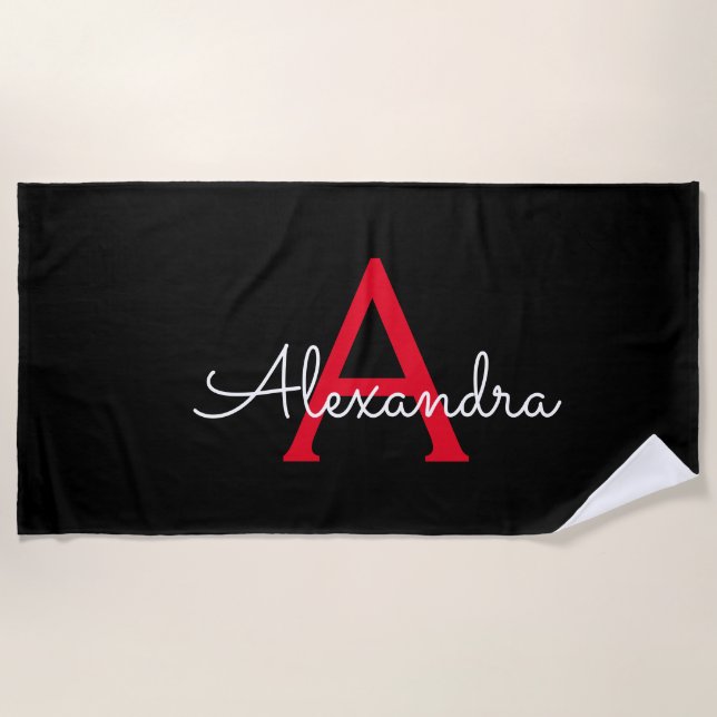 Red Black Script Girly Monogram Name Beach Towel (Front)