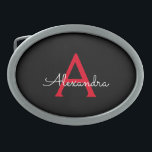 Red Black Script Girly Monogram Name Belt Buckle<br><div class="desc">Black and Red Simple Script Monogram Name Belt Buckle. This makes the perfect graduation,  sweet 16 16th,  18th,  21st,  30th,  40th,  50th,  60th,  70th,  80th,  90th,  100th birthday,  wedding,  bridal shower,  anniversary,  baby shower or bachelorette party gift for someone that loves glam luxury and chic styles.</div>