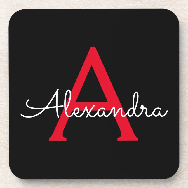 Red Black Script Girly Monogram Name Coaster (Front)