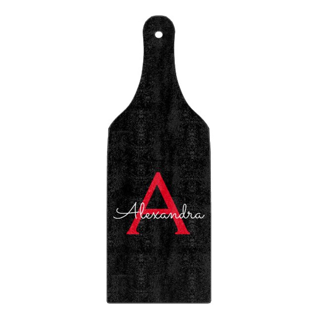 Red Black Script Girly Monogram Name Cutting Board (Front)