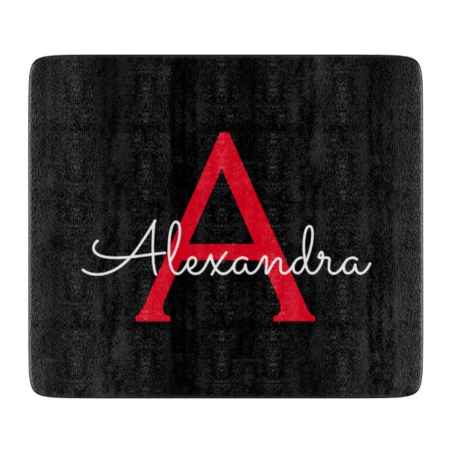 Red Black Script Girly Monogram Name Cutting Board (Front)