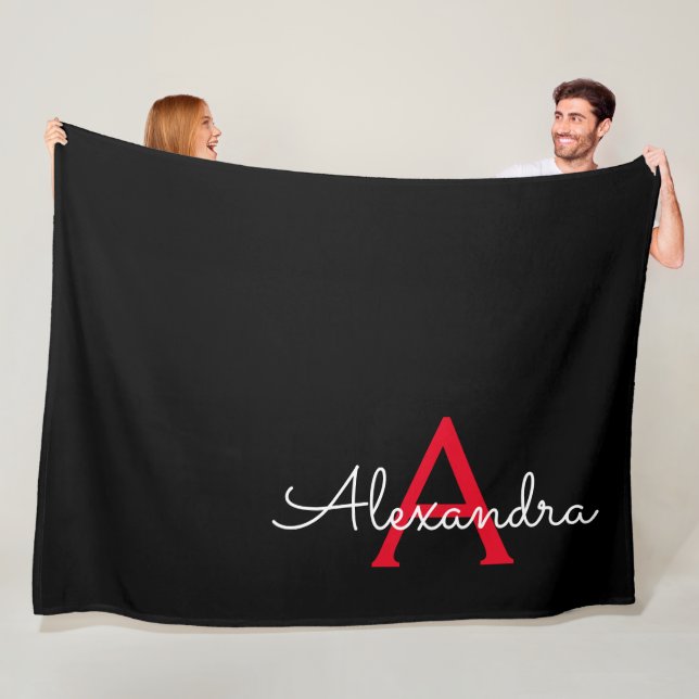 Red Black Script Girly Monogram Name Fleece Blanket (In Situ)