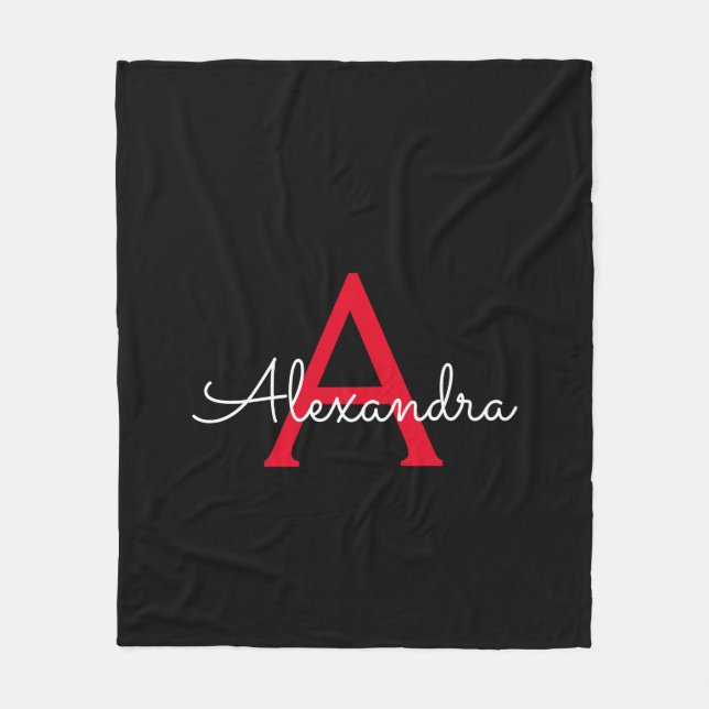Red Black Script Girly Monogram Name Fleece Blanket (Front)