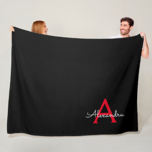 Red Black Script Girly Monogram Name Fleece Blanket