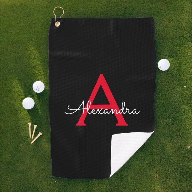 Red Black Script Girly Monogram Name Golf Towel (Creator Uploaded)