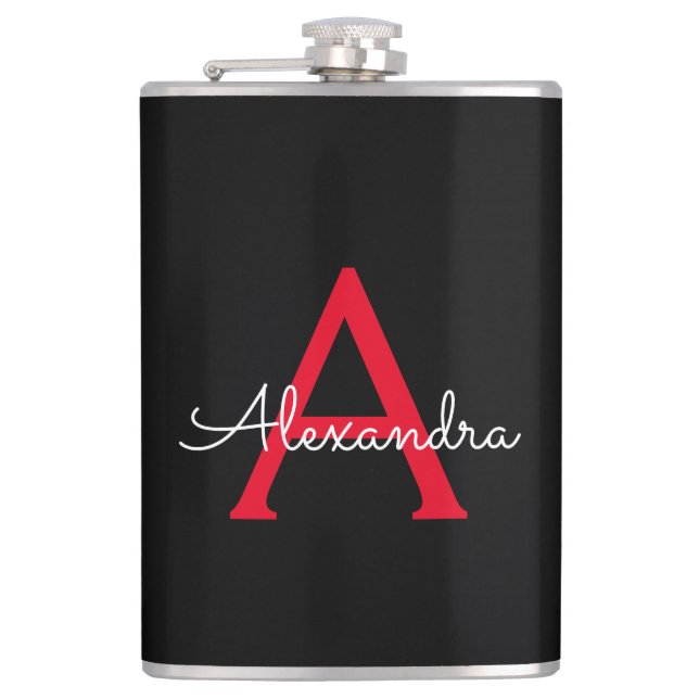 Red Black Script Girly Monogram Name Hip Flask (Front)