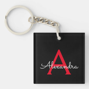 Red Black Script Girly Monogram Name Key Ring