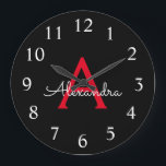 Red Black Script Girly Monogram Name Large Clock<br><div class="desc">Red and Black Simple Script Monogram Name Clock. This makes the perfect sweet 16 birthday,  wedding,  bridal shower,  anniversary,  baby shower or bachelorette party gift for someone that loves glam luxury and chic styles.</div>