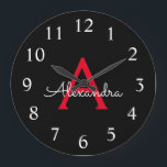 Red Black Script Girly Monogram Name Large Clock<br><div class="desc">Red and Black Simple Script Monogram Name Clock. This makes the perfect sweet 16 birthday,  wedding,  bridal shower,  anniversary,  baby shower or bachelorette party gift for someone that loves glam luxury and chic styles.</div>