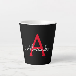 Red Black Script Girly Monogram Name Latte Mug