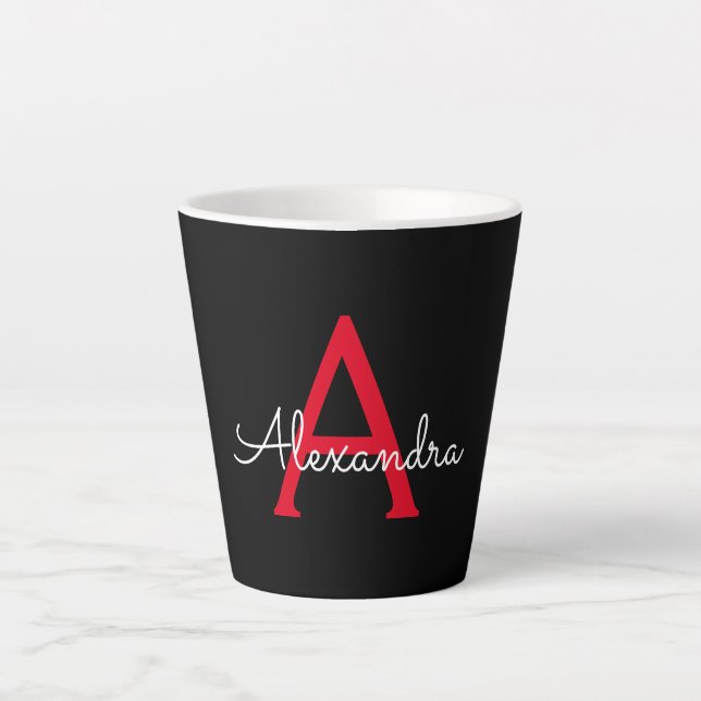 Red Black Script Girly Monogram Name Latte Mug (Front)