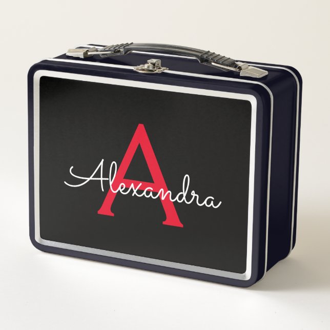 Red Black Script Girly Monogram Name Metal Lunch Box (Front)
