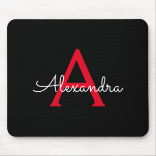 Red Black Script Girly Monogram Name Mouse Mat