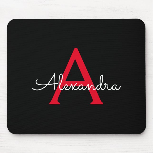 Red Black Script Girly Monogram Name Mouse Mat (Front)