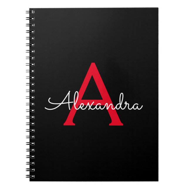 Red Black Script Girly Monogram Name Notebook (Front)