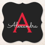 Red Black Script Girly Monogram Name Paper Coaster<br><div class="desc">Black and Red Simple Script Monogram Name Paper Coasters. This makes the perfect graduation,  birthday,  wedding,  bridal shower,  anniversary,  baby shower or bachelorette party gift for someone that loves glam luxury and chic styles.</div>
