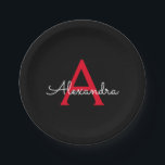 Red Black Script Girly Monogram Name Paper Plate<br><div class="desc">Red and Black Monogram Add Your Own Name Script Party Plates. This makes the perfect sweet 16 birthday,  wedding,  bridal shower,  anniversary,  baby shower or bachelorette party gift for someone that loves glam luxury and chic styles.</div>