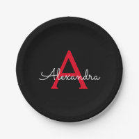 Red Black Script Girly Monogram Name