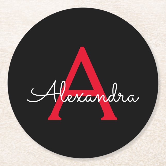 Red Black Script Girly Monogram Name Round Paper Coaster (Front)