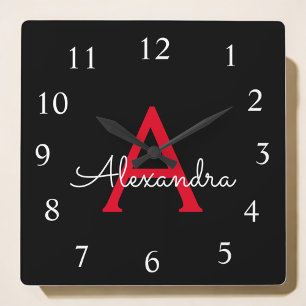 Red Black Script Girly Monogram Name Square Wall Clock