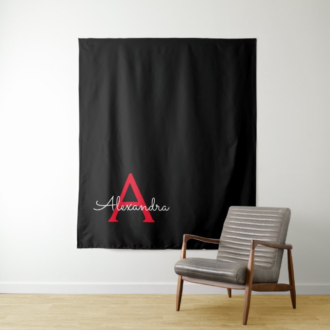 Red Black Script Girly Monogram Name Tapestry (In Situ)