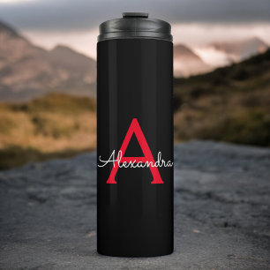 Red Black Script Girly Monogram Name Thermal Tumbler