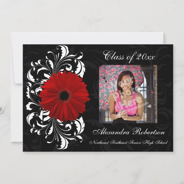 Red/Black Scroll Gerbera Daisy Graduation Invitation (Front)