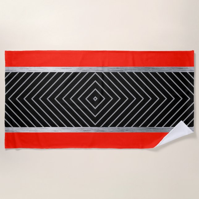 Red, black, silver and white pinstripe  beach towel (Front)