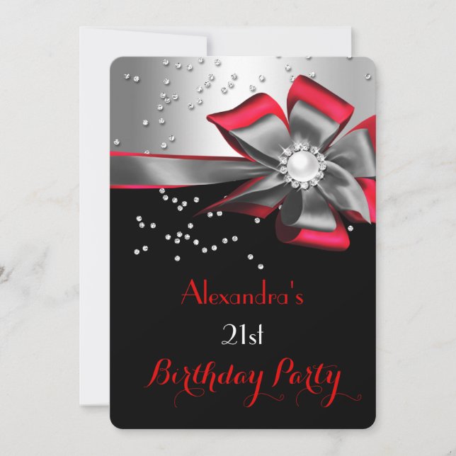 Red Black Silver Bow Pearl Birthday Party Invitation (Front)