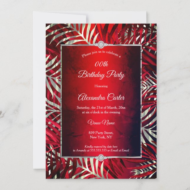 Red Black Silver Grey Palm Diamond Birthday Party Invitation (Front)