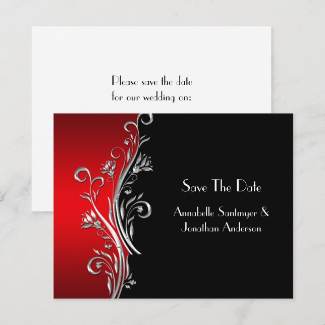 Red Black Silver Swirls Wedding RSVP Invitation (Front/Back)