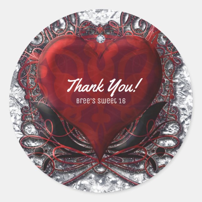 Red Black Silver Valentine Heart Gothic Romance Classic Round Sticker (Front)
