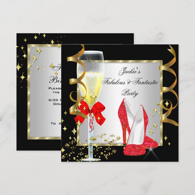 RED Black Silver Women's Birthday Party Invitation (Front/Back)