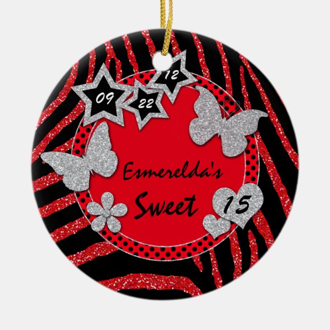 Red Black Silver Zebra Sweet 15 Photo Ornament (Front)