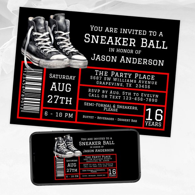 Red Black Sneaker Ball Birthday Party  Invitation (Boy red black sneaker ball invitations shoe label style. Available for instant download and print.)